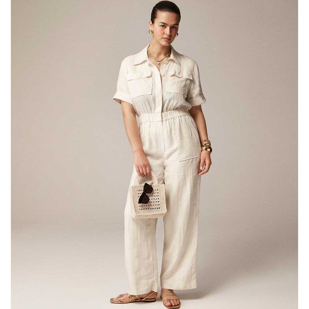 J.Crew Linen Jumpsuit Natural Beige Relaxed Pockets Lightweight Womens US 2 NWT